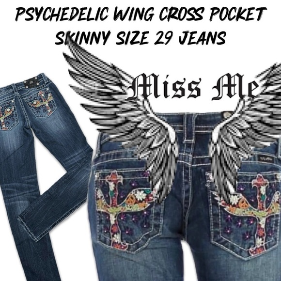Miss Me JP5727S5 Psychedelic Wing Cross Pocket Skinny Blue Jeans Size 29 - Picture 1 of 13